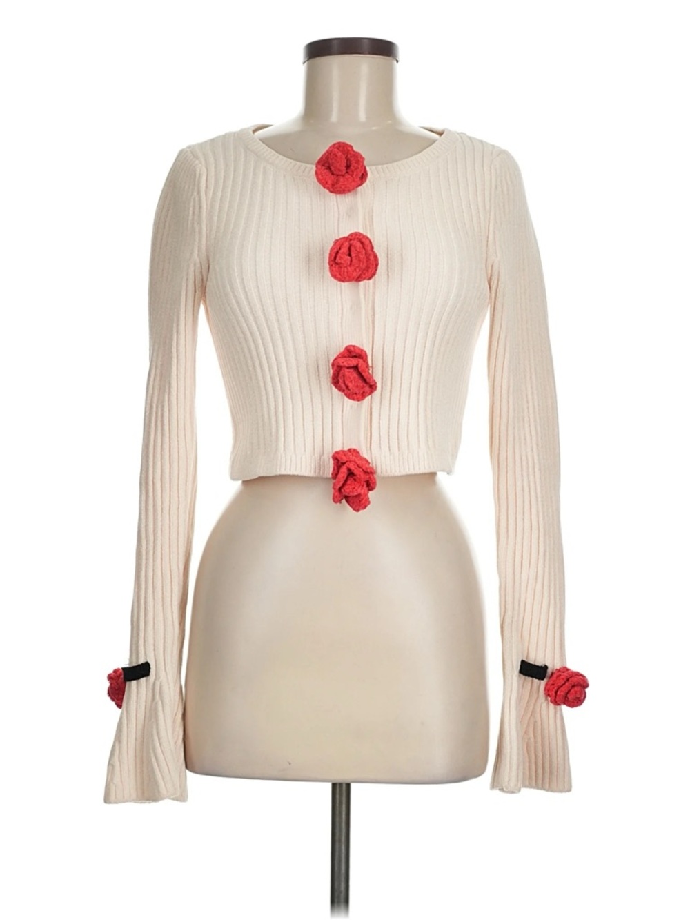 For Love And Lemons Cream Ribbed Cropped Cardigan w/ Red Rosette Details